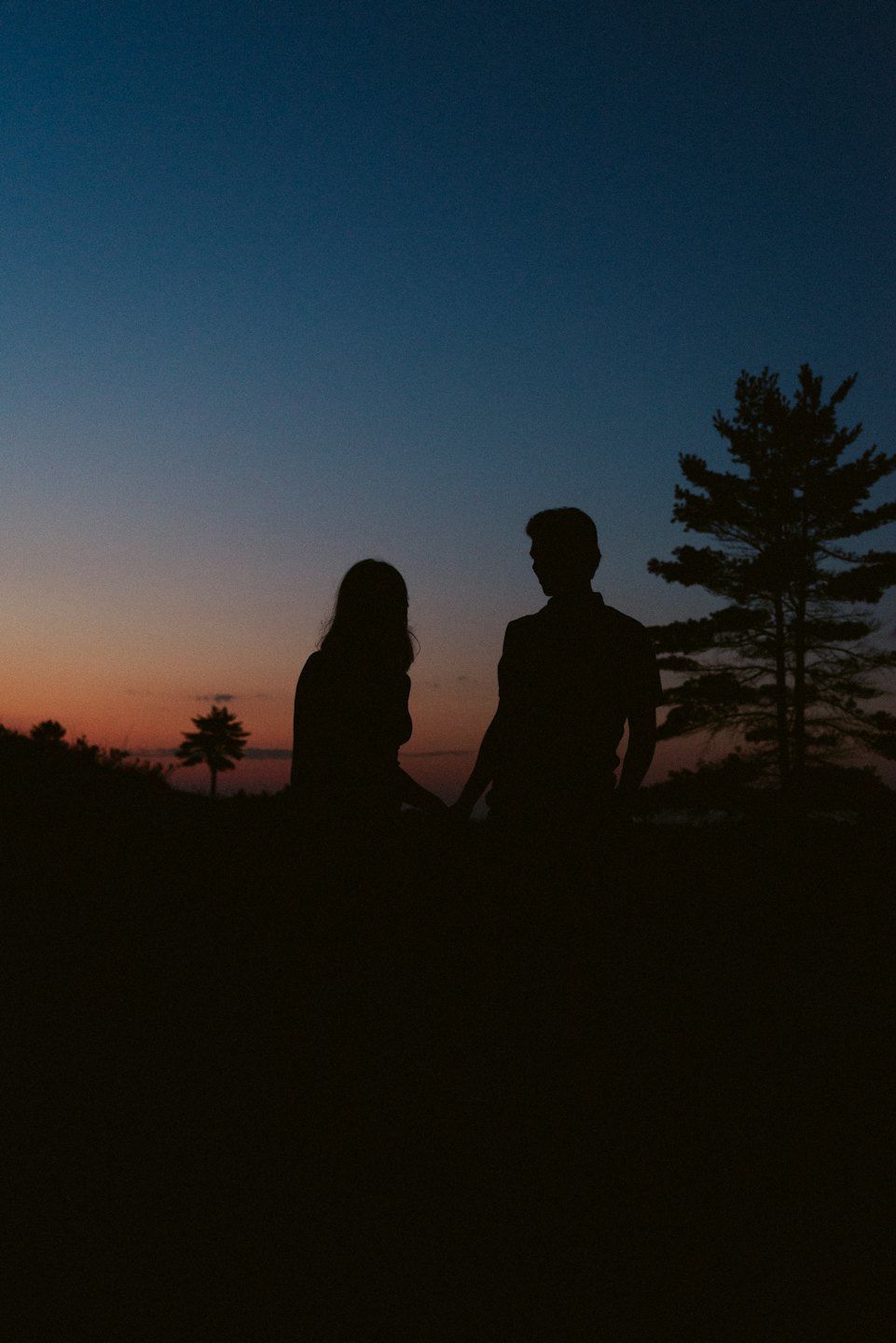 A couple holds hands while standing between dark trees.