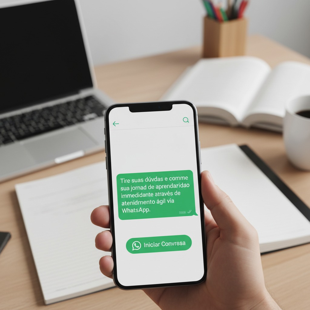 Uma pessoa segura um smartphone exibindo uma mensagem de atendimento via WhatsApp em uma tela de bate-papo, com um notebook e cadernos ao fundo sobre uma mesa de madeira.